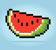 Píxel de 8 bits de rebanada de sandía. píxeles de frutas para iconos de juegos. patrón de punto de cruz de vector de ilustración