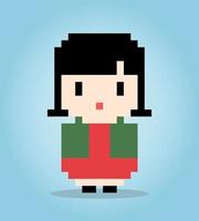 8 bit pixel of asian girl. Cartoon women in vector illustrations.