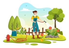 Gardener Illustration with Garden Tools, Farming, Grows Vegetables in Botanical Summer Gardening Flat Cartoon Hand Drawn for Landing Page Templates vector