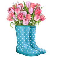 watercolor rubber boots with floral bouquet png