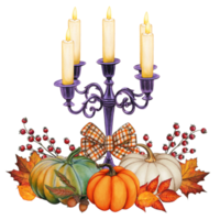 Watercolor hand drawn gothic candle holder with pumpkins png