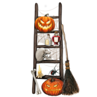 Watercolor halloween decorated ladder with carved lanterns png