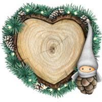 watercolor hand drawn wooden heart slice with elves, pinecones and pine branches png