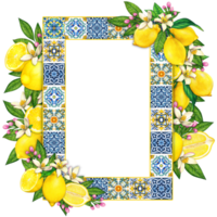 Watercolor mediterranean frame with lemons and traditional tiles png
