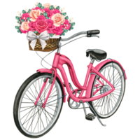 watercolor hand drawn bike with basket full of roses png