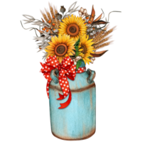 Watercolor vintage milk bucket with sunflowers png