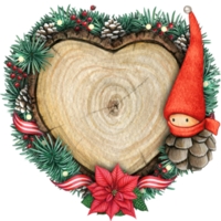 watercolor hand drawn wooden heart slice with elves, pinecones and pine branches png