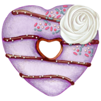 watercolor hand drawn heart shaped donut png