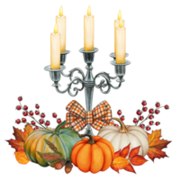 Watercolor hand drawn gothic candle holder with pumpkins png