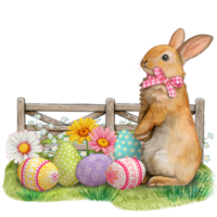 Watercolor easter bunny on contryside with decorated eggs png