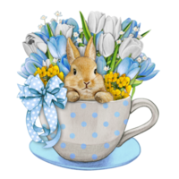 Watercolor hand drawn cute bunny in a tea cup png