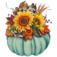 watercolor fall composition with pumpkin, sunflowers, dry herbs png