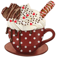 Watercolor hand drawn dotted chocolate cup with cream and cookies png