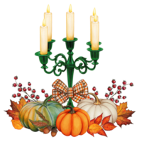 Watercolor hand drawn gothic candle holder with pumpkins png