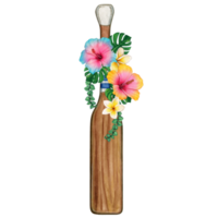 Watercolor wooden oars decorated with tropical flowers and scroll banner png