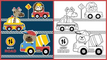 Funny animals driving car in the road, vector cartoon illustration, coloring page or book