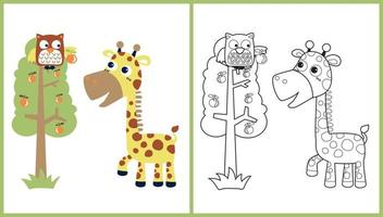 vector cartoon of giraffe with owl on fruit tree, coloring page or book