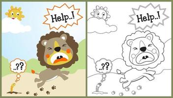 vector cartoon of funny lions are afraid of worms, humor cartoon, coloring page or book