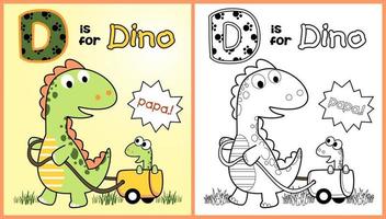 Funny dinosaur pulling its cub with cart, vector cartoon illustration, coloring page or book