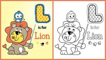 Cute lion with little bird learn to reading, vector cartoon illustration, coloring page or book