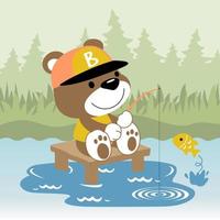 Cute bear fishing in river, vector cartoon illustration