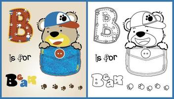 vector cartoon of cute bear on pocket, coloring page or book