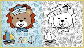 vector cartoon of cute lion the sailor with sail boat on sailing element background pattern, coloring book or page