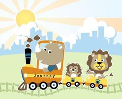 cute animals on steam train, vector cartoon illustration