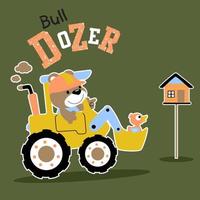 cute bear driving bulldozer with little duck, vector cartoon illustration