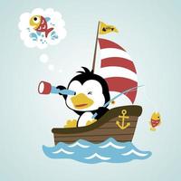 cute penguin fishing on sailboat while holding binocular, vector cartoon illustration