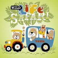 Group of cute animals on vehicle, vector cartoon illustration