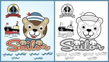 vector cartoon of cat the sailor with a boat, sailing element, coloring page or book