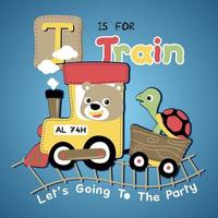 cute bear with turtle on steam train, vector cartoon illustration