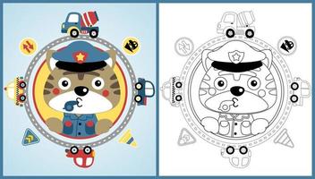 vector cartoon of cute kitten in cop costume with vehicles and road sign, traffic elements, coloring page or book