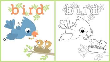 vector cartoon illustration of a bird feeding its cub with worm on nest, coloring book or page