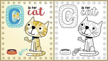 vector cartoon of funny cat with mice, pets elements, learn to spelling , coloring book or page