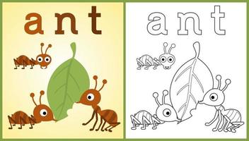 vector cartoon of working ants carrying leaf, coloring book or page