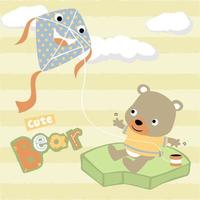 vector cartoon of cute bear playing kite on striped background