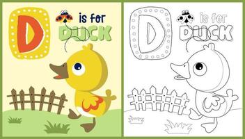 vector cartoon of duckling with a ladybug, coloring book or page