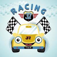 smiling racing car with racing elements, vector cartoon illustration