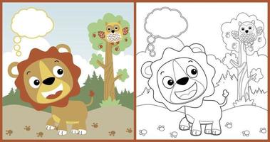 vector cartoon of cute lion with owl perching on tree in forest, coloring book or page