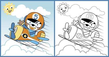 vector cartoon of cute bear pilot on airplane with smiling sun behind clouds, coloring book or page