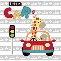 cute giraffe driving car with little bear on striped vehicles background pattern, vector cartoon illustration