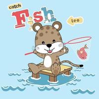 vector cartoon illustration of cute leopard catching fish with fish net in river