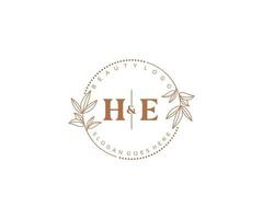 initial HE letters Beautiful floral feminine editable premade monoline logo suitable for spa salon skin hair beauty boutique and cosmetic company. vector