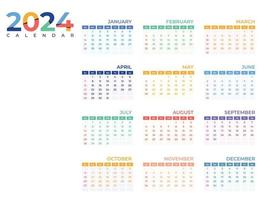 conjunto de 12 calendario, minimalista calendario 2024 plantilla, planificador año, pared calendario, semana empieza domingo vector