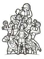 dibujos animados contorno grupo de baloncesto mujer jugadores vector