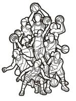 Outline Basketball Team Women Players Action vector
