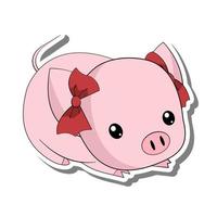 Cartoon cute pink pig, clipart animal girl. Doodle nursery decoration, black line hand drawn character. Vector illustration of kid art.