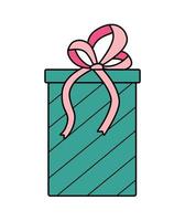 Gift box with bow. Vector illustration of colored icon of a festive present in a package. Isolated on white, box in wrapping paper.